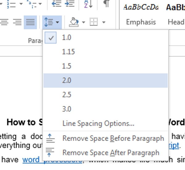 how to choose paragraph spacing in word 2016